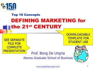 DEFINING MARKETING for the 21 st  CENTURY Prof. Bong De Ungria Ateneo Graduate School of Business www.josephdeungria.com Top 10 Concepts DOWNLOADABLE TEMPLATE FOR STUDENT USE SEE SEPARATE FILE FOR COMPLETE PRESENTATION 