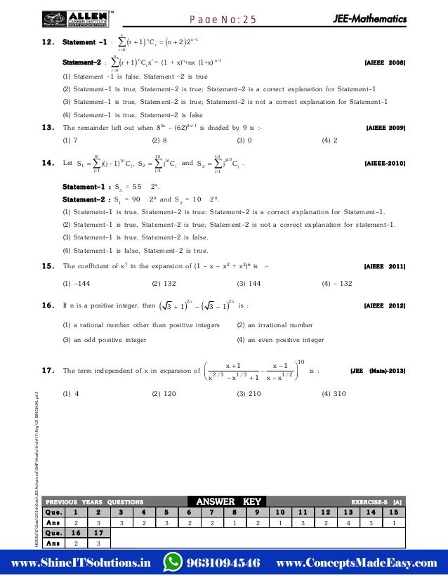 Download Binomial Theorem Mathematics Allen Kota Study Material For
