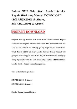Bobcat S220 Skid Steer Loader Service
Repair Workshop Manual DOWNLOAD
(S/N A5GK20001 & Above,
S/N A5GL20001 & Above )

INSTANT DOWNLOAD

Original Factory Bobcat S220 Skid Steer Loader Service Repair

Manual is a Complete Informational Book. This Service Manual has

easy-to-read text sections with top quality diagrams and instructions.

Trust Bobcat S220 Skid Steer Loader Service Repair Manual will

give you everything you need to do the job. Save time and money by

doing it yourself, with the confidence only a Bobcat S220 Skid Steer

Loader Service Repair Manual can provide.



Covers the following serials:



S/N A5GK20001 & Above

S/N A5GL20001 & Above



Service Repair Manual Covers:
 