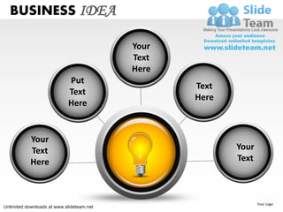 BUSINESS IDEA

                                           Your
                                           Text
                                           Here
                            Put
                                                  Text
                            Text
                                                  Here
                            Here


            Your
            Text                                         Your
            Here                                         Text



                                                                Your Logo
Unlimited downloads at www.slideteam.net
 