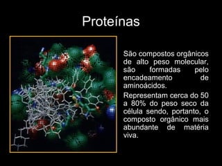 Proteínas
São compostos orgânicos
de alto peso molecular,
são formadas pelo
encadeamento de
aminoácidos.
Representam cerca do 50
a 80% do peso seco da
célula sendo, portanto, o
composto orgânico mais
abundante de matéria
viva.
 