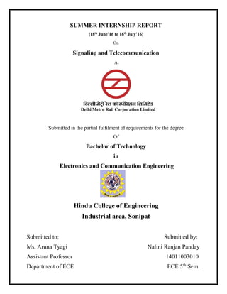 Summer internship report on DMRC(Delhi Metro Rail Pvt. Ltd.) | PDF