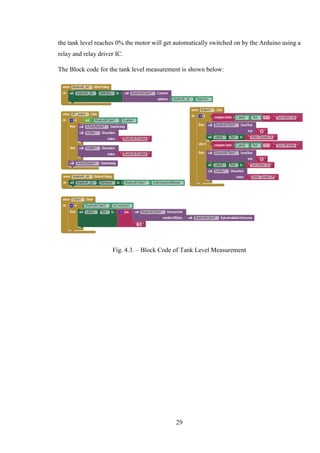 29
the tank level reaches 0% the motor will get automatically switched on by the Arduino using a
relay and relay driver IC.
The Block code for the tank level measurement is shown below:
Fig. 4.3. – Block Code of Tank Level Measurement
 