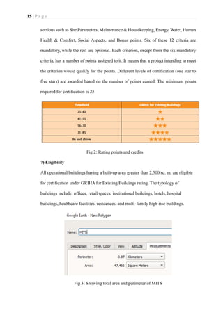 15 | P a g e
sections such as Site Parameters, Maintenance & Housekeeping, Energy, Water, Human
Health & Comfort, Social Aspects, and Bonus points. Six of these 12 criteria are
mandatory, while the rest are optional. Each criterion, except from the six mandatory
criteria, has a number of points assigned to it. It means that a project intending to meet
the criterion would qualify for the points. Different levels of certification (one star to
five stars) are awarded based on the number of points earned. The minimum points
required for certification is 25
Fig 2: Rating points and credits
7) Eligibility
All operational buildings having a built-up area greater than 2,500 sq. m. are eligible
for certification under GRIHA for Existing Buildings rating. The typology of
buildings include: offices, retail spaces, institutional buildings, hotels, hospital
buildings, healthcare facilities, residences, and multi-family high-rise buildings.
Fig 3: Showing total area and perimeter of MITS
 