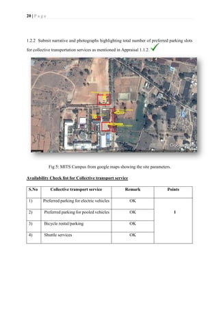 20 | P a g e
1.2.2 Submit narrative and photographs highlighting total number of preferred parking slots
for collective transportation services as mentioned in Appraisal 1.1.2.
Fig 5: MITS Campus from google maps showing the site parameters.
Availability Check list for Collective transport service
S.No Collective transport service Remark Points
1) Preferred parking for electric vehicles OK
2) Preferred parking for pooled vehicles OK 1
3) Bicycle rental/parking OK
4) Shuttle services OK
 