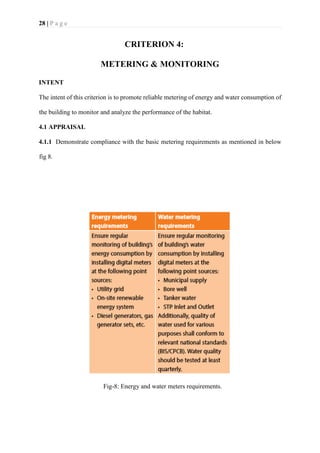 28 | P a g e
CRITERION 4:
METERING & MONITORING
INTENT
The intent of this criterion is to promote reliable metering of energy and water consumption of
the building to monitor and analyze the performance of the habitat.
4.1 APPRAISAL
4.1.1 Demonstrate compliance with the basic metering requirements as mentioned in below
fig 8.
Fig-8: Energy and water meters requirements.
 