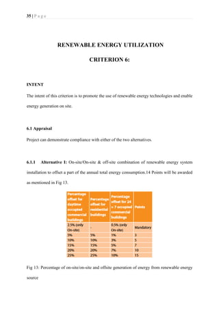 35 | P a g e
RENEWABLE ENERGY UTILIZATION
CRITERION 6:
INTENT
The intent of this criterion is to promote the use of renewable energy technologies and enable
energy generation on site.
6.1 Appraisal
Project can demonstrate compliance with either of the two alternatives.
6.1.1 Alternative I: On-site/On-site & off-site combination of renewable energy system
installation to offset a part of the annual total energy consumption.14 Points will be awarded
as mentioned in Fig 13.
Fig 13: Percentage of on-site/on-site and offsite generation of energy from renewable energy
source
 