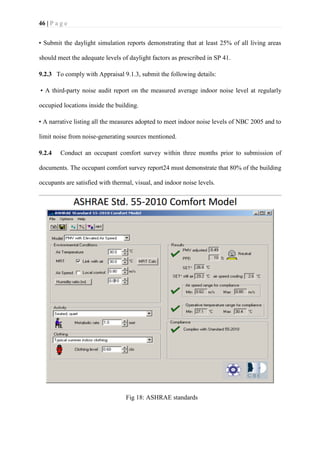 46 | P a g e
• Submit the daylight simulation reports demonstrating that at least 25% of all living areas
should meet the adequate levels of daylight factors as prescribed in SP 41.
9.2.3 To comply with Appraisal 9.1.3, submit the following details:
• A third-party noise audit report on the measured average indoor noise level at regularly
occupied locations inside the building.
• A narrative listing all the measures adopted to meet indoor noise levels of NBC 2005 and to
limit noise from noise-generating sources mentioned.
9.2.4 Conduct an occupant comfort survey within three months prior to submission of
documents. The occupant comfort survey report24 must demonstrate that 80% of the building
occupants are satisfied with thermal, visual, and indoor noise levels.
Fig 18: ASHRAE standards
 