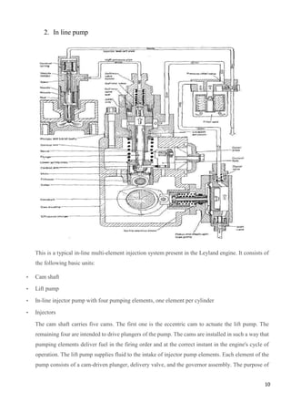 10
2. In line pump
This is a typical in-line multi-element injection system present in the Leyland engine. It consists of
the following basic units:
• Cam shaft
• Lift pump
• In-line injector pump with four pumping elements, one element per cylinder
• Injectors
The cam shaft carries five cams. The first one is the eccentric cam to actuate the lift pump. The
remaining four are intended to drive plungers of the pump. The cams are installed in such a way that
pumping elements deliver fuel in the firing order and at the correct instant in the engine's cycle of
operation. The lift pump supplies fluid to the intake of injector pump elements. Each element of the
pump consists of a cam-driven plunger, delivery valve, and the governor assembly. The purpose of
 