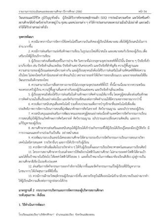 รายงานการประเมินตนเองของสถานศึกษา ปีการศึกษา 2560 หน้า 34
โรงเรียนแม่สะเรียง“บริพัตรศึกษา” อาเภอแม่สะเรียง จังหวัดแม่ฮ่องสอน
วัฒนธรรมและวิถีชีวิต ภูมิปัญญาท้องถิ่น ผู้เรียนได้รับการคัดกรองพฤติกรรมเด็ก (SDQ) การประเมินความเครียด และวัดโรคซึมเศร้า
สถานศึกษาได้สร้างเครือข่ายกับทางหมู่บ้าน ชุมชน และหน่วยงานต่าง ๆ ทาให้การประสานงานของความร่วมมือเป็นไปอย่างดี และรวดเร็ว
ทาให้ได้รับข่าวสารอย่างทั่วถึง
จุดควรพัฒนา
1. ควรมีมาตรการในการจัดการใช้เทคโนโลยีในความบันเทิงของผู้เรียนให้เหมาะสม เพื่อให้ผู้เรียนสนใจในการ
อ่าน มากขึ้น
2. ควรมีการส่งเสริมการแข่งขันทักษะการเขียน ในรูปแบบใหม่ที่น่าสนใจ และเหมาะสมกับวัยของผู้เรียน เพื่อ
เสริมรงให้ผู้เรียนรักการเขียน
3. ผู้เรียนบางส่วนที่ผลสัมฤทธิ์ในการอ่าน คิด วิเคราะห์ไม่บรรลุตามจุดประสงค์ที่ตั้งไว้นั้น มีหลาย ๆ ปัจจัยที่เข้า
มาเกี่ยวข้อง เช่น ปัจจัยด้านสิ่งแวดล้อม ปัจจัยด้านสถาบันครอบครัว และปัจจัยที่สาคัญคือ ความรู้พื้นฐานและ
ความสามารถของผู้เรียนแต่ละคนมีความต่างกัน และผู้เรียนทุกคนยังต้องได้รับการส่งเสริมในด้านทัศนคติที่ดีต่อความ
เป็นไทย ไม่หลงใหลกับค่านิยมของต่างชาติจนเกินไป เพราะอาจจะทาให้เกิดการลอกเลียนแบบ และอาจจะส่งผลให้ลืม
วัฒนธรรมอันดีงามของไทย
4. ความสามารถในการสื่อสารทางภาษายังไม่บรรลุตามจุดประสงค์ที่ตั้งไว้ ทั้งนี้อาจเนื่องมาจากความพร้อม
ของครอบครัวผู้เรียน ความรู้พื้นฐานที่แตกต่างกันของผู้เรียนแต่ละคน และปัจจัยด้านสิ่งแวดล้อม
5. ผู้เรียนทุกคนยังต้องได้รับการส่งเสริมในด้านทักษะการคิดคานวณให้มากขึ้น โดยครูผู้สอนต้องส่งเสริมทักษะ
การคิดคานวณในชั้นเรียนอย่างต่อเนื่อง และจัดกิจกรรมที่สนองต่อการคิดคานวณให้มีความหลากหลายมากกว่านี้
6. ควรเพิ่มการสนับสนุนสื่อเทคโนโลยี รวมทั้งงบประมาณเพื่อการบารุงรักษาสื่อเทคโนโลยีเพื่อเพิ่ม
ประสิทธิภาพการจัดการเรียนการสอนที่มุ่งพัฒนาทักษะการคิดวิเคราะห์ คิดวิจารณญาณ และอภิปรายของผู้เรียน
7. ควรสนับสนุนและส่งเสริมการพัฒนาตนเองของครูผู้สอนอย่างต่อเนื่องด้านเทคนิคการจัดกิจกรรมการเรียน
การสอนที่มุ่งให้ผู้เรียนเกิดทักษะการคิดวิเคราะห์ คิดวิจารณญาณ อภิปรายแลกเปลี่ยนความคิดเห็น และการ
แก้ปัญหาของผู้เรียน
8. สถานศึกษาควรส่งเสริมและสนับสนุนให้ผู้เรียนได้เข้าร่วมกิจกรรมที่ให้ผู้เรียนได้เรียนรู้โดยลงมือปฏิบัติจริง มี
การวางแผนและทางานร่วมกันเป็นทีม อย่างสม่าเสมอ
9. ควรพัฒนาระบบอินเทอร์เน็ตของสถานศึกษาให้สามารถรองรับการจัดกิจกรรมการเรียนการสอนรายวิชา
เทคโนโลยีสารสนเทศ รายวิชาอื่นๆ และการให้บริการกับผู้เรียน
10. ควรจัดการติวเพิ่มเติมในรายวิชาต่าง ๆ ให้กับผู้เรียนทั้งแผนการเรียนวิทยาศาสตร์และแผนการเรียนศิลป์
11. โครงการสถานศึกษาคาร์บอนต่าลดการใช้พลังงานไฟฟูาในสถานศึกษา ไม่สามารถลดค่าไฟฟูาได้ตามเปูา
และได้ตั้งเปูาหมายในปีต่อไป ให้ลดค่าไฟฟูาได้ร้อยละ 5 และตั้งเปูาหมายในการพัฒนาห้องเรียนสีเขียว มุ่งสู่การเป็น
สถานศึกษาสีเขียวในระดับประเทศ
12. ส่งเสริมการจัดกิจกรรมการออกกาลังกายให้มากขึ้นและจัดกิจกรรมการแก้ไขผู้เรียนที่มีปัญหาภาวะ
โภชนาการ ให้เกิดสุขภาวะที่ดียิ่งขึ้น
13. ควรมีการเฝูาระวังพฤติกรรมผู้เรียนมากยิ่งขึ้น เพราะปัจจุบันมีสื่อออนไลน์เข้ามามีบทบาทเป็นอย่างมากทา
ให้ผู้เรียนมีความเสี่ยงต่อการถูกล่อลวงได้ง่าย
มาตรฐานที่ 2 กระบวนการบริหารและการจัดการของผู้บริหารสถานศึกษา
ระดับคุณภาพ : ดีเยี่ยม
1. วิธีดาเนินการพัฒนา
 