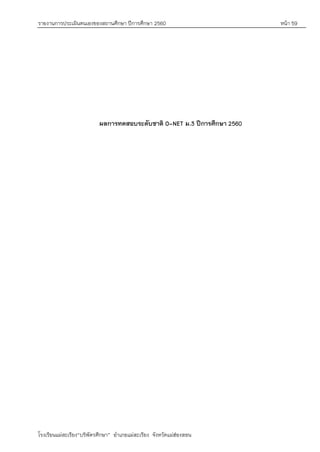 รายงานการประเมินตนเองของสถานศึกษา ปีการศึกษา 2560 หน้า 59
โรงเรียนแม่สะเรียง“บริพัตรศึกษา” อาเภอแม่สะเรียง จังหวัดแม่ฮ่องสอน
ผลการทดสอบระดับชาติ O-NET ม.3 ปีการศึกษา 2560
 
