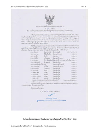 รายงานการประเมินตนเองของสถานศึกษา ปีการศึกษา 2560 หน้า 75
โรงเรียนแม่สะเรียง“บริพัตรศึกษา” อาเภอแม่สะเรียง จังหวัดแม่ฮ่องสอน
คาสั่งแต่งตั้งคณะกรรมการประเมินคุณภาพภายในสถานศึกษา ปีการศึกษา 2560
 