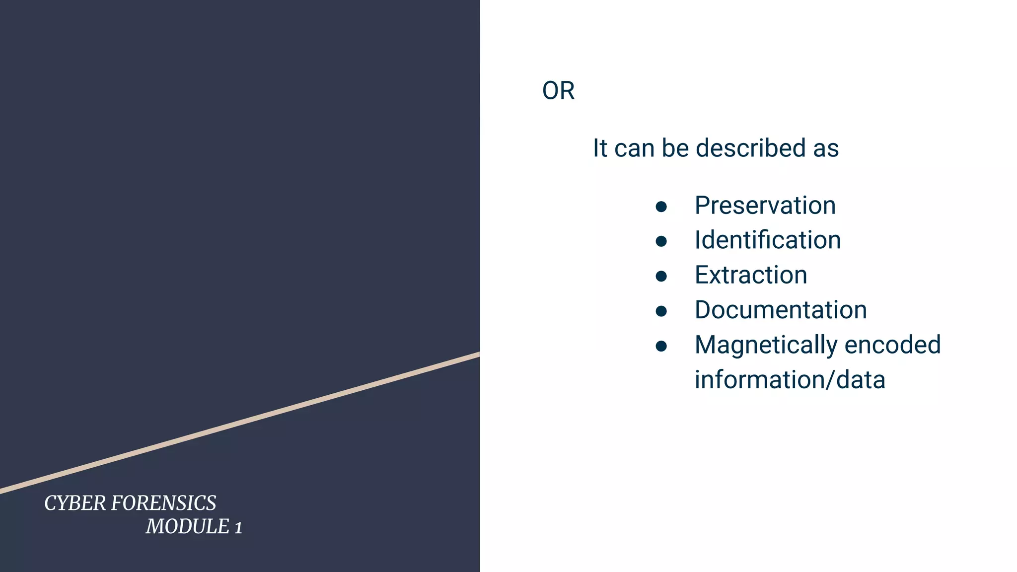 CYBER FORENSICS
MODULE 1
OR
It can be described as
● Preservation
● Identiﬁcation
● Extraction
● Documentation
● Magnetically encoded
information/data
 
