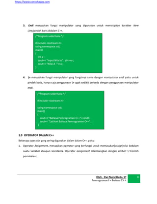 https://www.contohapps.com
Oleh . Dwi Nurul Huda, ST
Pemrograman I – Bahasa C++
8
/*Program sederhana */
# include <iostream.h>
using namespace std;
main()
{
Int a ;
cout<< “Input Nilai A“ ; cin>>a ;
cout<< “Nilai A :“<<a ;
}
3. Endl merupakan fungsi manipulator yang digunakan untuk menyisipkan karakter New
Line/pindah baris didalam C++.
4. n merupakan fungsi manipulator yang fungsinya sama dengan manipulator endl yaitu untuk
pindah baris, hanya saja penggunaan n agak sedikit berbeda dengan penggunaan manipulator
endl.
1.9 OPERATOR DALAM C++
Beberapa operator yang sering digunakan dalam dalam C++, yaitu :
1. Operator Assignment, merupakan operator yang berfungsi untuk memasukan(assign)nilai kedalam
suatu variabel ataupun konstanta. Operator assignment dilambangkan dengan simbol ‘=‘.Contoh
pemakaian :
/*Program sederhana */
# include <iostream.h>
using namespace std;
main()
{
cout<< “Bahasa Pemrograman C++“<<endl ;
cout<< “Latihan Bahasa Pemrograman C++“ ;
}
 