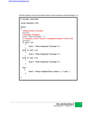 https://www.contohapps.com
Oleh . Dwi Nurul Huda, ST
Pemrograman I – Bahasa C++
21
# include <iostream>
using namespace std;
main()
{
//Deklarasikan Variabel
int bil;
//Inputkan Bilangan
cout<<”Input Bilangan :”;
// Merespon proses inputan (mengambil/membaca nilai bil)
cin>>bil;
if (bil ==1)
{
Cout<< ”Anda Menginput Bilangan 1”;
}
else if (bil ==2)
{
Cout<< ”Anda Menginput Bilangan 2”;
}
else if (bil ==3)
{
Cout<< ”Anda Menginput Bilangan 3”;
}
else
{
Cout<< ”Hanya menghasilkan output 1..3 saja ”;
}
}
Contoh program untuk menentukan bahwa anda menginput antara bilangan 1-3 :
 