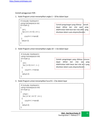 https://www.contohapps.com
# include <iostream>
using namespace std;
int main ()
{
char i;
for ( i=’A’; i<=’Z’ ; i++ )
{
cout<< i <<endl;
}
return 0;
}
Contoh penggunaan FOR :
1. Kode Program untuk menampilkan angka 1 – 10 ke dalam layar
# include <iostream>
using namespace std;
int main ()
{
int i;
for ( i=1; i<=10 ; i++ )
{
Contoh pengulangan yang sifatnya
dapat dilihat dari nilai awal
didefinisikan lebih kecil dari nilai akhi
dituliskan dalam suatu ekspresi/kond
menaik
yang
r yang
isi.
cout<< i <<endl;
}
return 0;
}
2. Kode Program untuk menampilkan angka 10 – 1 ke dalam layar
# include <iostream>
using namespace std;
int main ()
{
int i;
for ( i=10; i>=1 ; i-- )
{
Contoh pengulangan yang sifatnya m
dapat dilihat dari nilai awal
didefinisikan lebih besar dari nilai akh
dituliskan dalam suatu ekspresi/kondis
enurun
yang
ir yang
i.
cout<< i <<endl;
}
return 0;
}
3. Kode Program untuk menampilkan huruf A – Z ke dalam layar
Oleh . Dwi Nurul Huda, ST
Pemrograman I – Bahasa C++
31
 