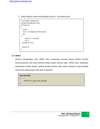 https://www.contohapps.com
Oleh . Dwi Nurul Huda, ST
Pemrograman I – Bahasa C++
35
# include <iostream>
using namespace std;
int main ()
{
char i;
i='A'; // inisialisasi nilai awal
do
{
cout<< i <<endl;
i=i+1;
} while (i<='Z');
return 0;
}
while (kondisi)
{
Statement_yang_akan_diulang;
}
3. Kode Program untuk menampilkan huruf A – Z ke dalam layar
1.5 WHILE
Struktur pengulangan jenis WHILE akan mengulang instruksi selama kondisi bernilai
benar/terpenuhi dan akan berhenti ketika kondisi bernilai salah. WHILE akan melakukan
pengecekan kondisi diawal, apabila kondisi bernilai salah maka statement yang terdapat
dalam blok pengulangan tidak akan di jalankan.
 
