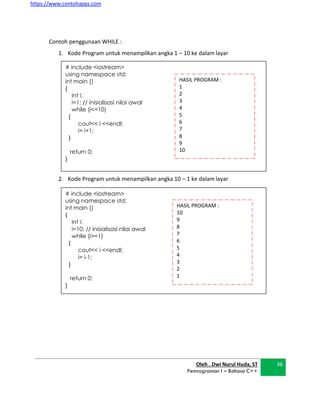 https://www.contohapps.com
Oleh . Dwi Nurul Huda, ST
Pemrograman I – Bahasa C++
36
# include <iostream>
using namespace std;
int main ()
{
int i;
i=1; // inisialisasi nilai awal
while (i<=10)
{
cout<< i <<endl;
i= i+1;
}
return 0;
}
HASIL PROGRAM :
1
2
3
4
5
6
7
8
9
10
# include <iostream>
using namespace std;
int main ()
{
int i;
i=10; // inisialisasi nilai awal
while (i>=1)
{
cout<< i <<endl;
i= i-1;
}
return 0;
}
HASIL PROGRAM :
10
9
8
7
6
5
4
3
2
1
Contoh penggunaan WHILE :
1. Kode Program untuk menampilkan angka 1 – 10 ke dalam layar
2. Kode Program untuk menampilkan angka 10 – 1 ke dalam layar
 