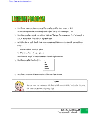 https://www.contohapps.com
1. Buatlah program untuk menampilkan angka ganjil antara range 1- 100
2. Buatlah program untuk menampilkan angka genap antara range 1- 100
3. Buatlah tampilan untuk menuliskan kalimat “Bahasa Pemrograman C++” sebanyak n
kali. n ditentukan berdasarkan inputan user
4. Modifikasi soal no.1 dan 2, buat program yang didalamnya terdapat 2 buah pilihan,
yaitu :
1. Menampilkan bilangan ganjil
2. Menampilkan bilangan genap
Dimana nilai range akhirnya ditentukan oleh inputan user
5. Buatlah tampilan berikut ini :
6. Buatlah program untuk menghitung bilangan berpangkat
ATURAN
Silahkan buat menggunakan FOR, DO…WHILE ataupun WHILE soal diatas (tiap soal
pilih salah satu bentuk pengulang saja)
Oleh . Dwi Nurul Huda, ST
Pemrograman I – Bahasa C++
38
*
**
***
****
*****
 