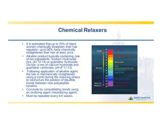 Chemical  Relaxers
• It  is  estimated  that  up  to  70%  of  black  
women  chemically  straighten  their  hair  
regularly;;  up  to  90%  have  chemically  
straightened  their  hair  at  least  once
• Alkaline  product  typically  containing  one  
of  two  ingredients:  Sodium  Hydroxide  
(lye,  pH  12-­14)  or  guanidine  hydroxide  
(no-­lye-­ a  mix  of  calcium  hydroxide  and  
guanidine  carbonate,  pH  of  11-­13)
• Following  application  of  alkaline  agent,  
the  hair  is  mechanically  straightened  
using  a  comb  during  the  reducing  phase  
to  restructure  the  position  of  disulfide  
bonds  between  new  polypeptide  
keratins.
• Conclude  by  consolidating  bonds  using  
an  oxidizing  agent  (neutralizing  agent).
• Must  be  repeated  every  4-­8  weeks
 