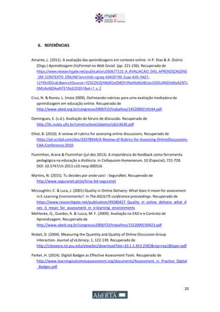 20
6. REFERÊNCIAS
Amante, L. (2011). A avaliação das aprendizagens em contexto online. in P. Dias & A. Osório
(Orgs.) Aprendizagem (In)Formal na Web Social. (pp. 221-236). Recuperado de
https://www.researchgate.net/publication/260677333_A_AVALIACAO_DAS_APRENDIZAGENS
_EM_CONTEXTO_ONLINE?enrichId=rgreq-b9430199-3caa-43fc-9421-
121f0c002cdc&enrichSource=Y292ZXJQYWdlOzI2MDY3NzMzMztBUzo5ODU4NDIxMzA2NTc
0MUAxNDAwNTE1NzE2ODI1&el=1_x_2
Cruz, N. & Nunes, L. (maio 2009). Delineando rubricas para uma avaliação mediadora da
aprendizagem em educação online. Recuperado de
http://www.abed.org.br/congresso2009/CD/trabalhos/1452009214144.pdf.
Domingues, E. (s.d.). Avaliação de fóruns de discussão. Recuperado de
http://ltc.nutes.ufrj.br/constructore/objetos/obj14630.pdf
Elliot, B. (2010). A review of rubrics for assessing online discussions. Recuperado de
https://pt.scribd.com/doc/33378944/A-Review-of-Rubrics-for-Assessing-OnlineDiscussions-
CAA-Conference-2010
Fluminhan, Arana & Fluminhan (jul-dez 2013). A importância do feedback como ferramenta
pedagógica na educação a distância. in Colloquium Humanarum, 10 (Especial), 721-728.
DOI: 10.5747/ch.2013.v10.nesp.000516
Martins, N. (2015). Tu decides por onde vais! - SeguraNet. Recuperado de
http://www.seguranet.pt/pt/tiras-bd-seguranet
McLoughlin; C. & Luca, J. (2001) Quality in Online Delivery: What does it mean for assessment
in E-Learning Environments?. in The ASCILITE conference proceedings. Recuperado de
https://www.researchgate.net/publication/49280427_Quality_in_online_delivery_what_d
oes_it_mean_for_assessment_in_e-learning_environments
Mehlecke, Q., Guedes, A. & Lucca, M. F. (2009). Avaliação na EAD e o Contrato de
Aprendizagem. Recuperado de
http://www.abed.org.br/congresso2009/CD/trabalhos/1552009230423.pdf
Nisbet, D. (2004). Measuring the Quantity and Quality of Online Discussion Group
Interaction. Journal of eLiteracy, 1, 122-139. Recuperado de
http://citeseerx.ist.psu.edu/viewdoc/download?doi=10.1.1.453.2581&rep=rep1&type=pdf
Parker, H. (2014). Digital Badges as Effective Assessment Tools. Recuperado de
http://www.learningoutcomesassessment.org/documents/Assessment_in_Practice_Digital
_Badges.pdf.
 