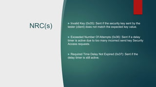 NRC(s)
 Invalid Key (0x35): Sent if the security key sent by the
tester (client) does not match the expected key value.
 Exceeded Number Of Attempts (0x36): Sent if a delay
timer is active due to too many incorrect send key Security
Access requests.
 Required Time Delay Not Expired (0x37): Sent if the
delay timer is still active.
 
