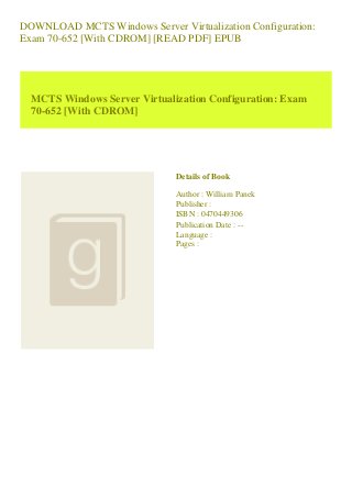 DOWNLOAD MCTS Windows Server Virtualization Configuration:
Exam 70-652 [With CDROM] [READ PDF] EPUB
MCTS Windows Server Virtualization Configuration: Exam
70-652 [With CDROM]
Details of Book
Author : William Panek
Publisher :
ISBN : 0470449306
Publication Date : --
Language :
Pages :
 