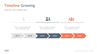 www.companyname.com
Timeline Growing
17
2017 2018 2019 2020 2021 2022
This is a sample text.Insert
your desired text here.
This is a sample text.Insert
your desired text here.
This is a sample text.Insert
your desired text here.
Add your own subtitle here.
 