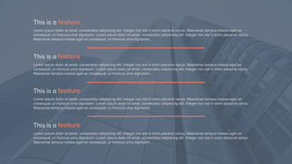 Lorem ipsum dolor sit amet, consectetur adipiscing elit. Integer non est in enim placerat varius. Maecenas tempus massa eget ex
consequat, ut rhoncus urna dignissim. Lorem ipsum dolor sit amet, consectetur adipiscing elit. Integer non est in enim placerat varius.
Maecenas tempus massa eget ex consequat, ut rhoncus urna dignissim.
This is a feature
Lorem ipsum dolor sit amet, consectetur adipiscing elit. Integer non est in enim placerat varius. Maecenas tempus massa eget ex
consequat, ut rhoncus urna dignissim. Lorem ipsum dolor sit amet, consectetur adipiscing elit. Integer non est in enim placerat varius.
Maecenas tempus massa eget ex consequat, ut rhoncus urna dignissim.
This is a feature
Lorem ipsum dolor sit amet, consectetur adipiscing elit. Integer non est in enim placerat varius. Maecenas tempus massa eget ex
consequat, ut rhoncus urna dignissim. Lorem ipsum dolor sit amet, consectetur adipiscing elit. Integer non est in enim placerat varius.
Maecenas tempus massa eget ex consequat, ut rhoncus urna dignissim.
This is a feature
Lorem ipsum dolor sit amet, consectetur adipiscing elit. Integer non est in enim placerat varius. Maecenas tempus massa eget ex
consequat, ut rhoncus urna dignissim. Lorem ipsum dolor sit amet, consectetur adipiscing elit. Integer non est in enim placerat varius.
Maecenas tempus massa eget ex consequat, ut rhoncus urna dignissim.
This is a feature
 
