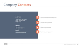 www.companyname.com
Company Contacts
22
1234 This is Your Street
Your City, Your State
56789 (US)
Address
+1 123-654-0987
Phone
yourmail@domain.com
Email
google.com/+youruser
twitter.com/youruser
facebook.com/youruser
freegoogleslidestemplates.com
 