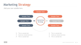 www.companyname.com
Marketing Strategy
➜ This is a sample text.
➜ Insert your desired text here.
➜ This is a sample text.
➜ This is a sample text.
➜ Insert your desired text here.
➜ This is a sample text.
Sample Text
Sample Text
Sample Text
Sample Text
Sample Text
Sample Text
Sample Text
Marketing
Strategy
4
Add your own subtitle here.
 