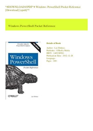 ^#DOWNLOAD@PDF^# Windows PowerShell Pocket Reference
[Download] [epub]^^
Windows PowerShell Pocket Reference
Details of Book
Author : Lee Holmes
Publisher : O'Reilly Media
ISBN : 1449320961
Publication Date : 2012-12-28
Language :
Pages : 200
 