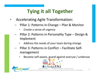 www.synerzip.com © 2010, SmoothApps. All rights reserved.
No part of this presentation can be shared or reproduced without the written permission of SmoothApps.
31
Tying it all Together
• Accelerating Agile Transformation:
– Pillar 1: Patterns in Change – Plan & Monitor
• Create a sense of urgency
– Pillar 2: Patterns in Personality Type – Design &
Implement
• Address the needs of your team during change
– Pillar 3: Patterns in Conflict – Facilitate Self-
management
• Become self-aware, guard against overuse / underuse
 