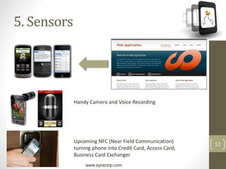 www.synerzip.com
12
5. Sensors
Handy Camera and Voice Recording
Upcoming NFC (Near Field Communication)
turning phone into Credit Card, Access Card,
Business Card Exchanger
 