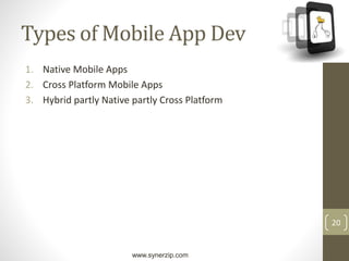 www.synerzip.com
20
Types of Mobile App Dev
1. Native Mobile Apps
2. Cross Platform Mobile Apps
3. Hybrid partly Native partly Cross Platform
 