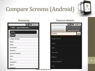 www.synerzip.com
43
Compare Screens (Android)
PhoneGap Titanium Mobile
 