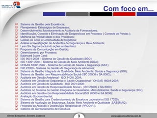 Sistema de Gestão pela Excelência; Planejamento Estratégico de Empresas; Desenvolvimento, Monitoramento e Auditoria de Fornecedores; Identificação, Controle e Eliminação de Desperdícios em Processo ( Controle de Perdas ); Melhoria da Produtividade e dos Processos; Gestão de Crise e Continuidade de Negócios; Análise e Investigação de Acidentes de Segurança e Meio Ambiente; Lean Six Sigma (incluindo ações ambientais) Programa de Comunicação em Gestão; Gerenciamento por Processo; Balanced Score Card; ISO 9001:2008 – Sistema de Gestão da Qualidade (SGQ); ISO 14001:2004 - Sistema de Gestão do Meio Ambiente (SGA); OHSAS 18001:2007 - Sistema de Gestão de Saúde e Segurança (SST); ISO 22000 - Sistema de Gestão de Segurança de Alimentos; Sistema de Gestão Integrada de Qualidade, Meio Ambiente, Saúde e Segurança (SGI); Sistema de Gestão com Responsabilidade Social (ISO 26000 e SA 8000); Auditoria em Gestão Ambiental - ISO 14001:2004; Auditoria em Gestão de Segurança e Saúde Ocupacional - OHSAS 18001:2007; Auditoria em Gestão de Qualidade - ISO 9001:2008; Auditoria em Gestão de Responsabilidade Social - (ISO 26000 e SA 8000); Auditoria no Sistema de Gestão Integrada de Qualidade, Meio Ambiente, Saúde e Segurança (SGI); Auditoria em Gestão com Responsabilidade Social (ISO 26000 e SA 8000); Avaliação Socioambiental; Sistema de Gestão para Credenciamento de Ensaios e Laboratório (ISO 17025); Sistema de Avaliação de Segurança, Saúde, Meio Ambiente e Qualidade (SASSMAQ); Processo de Atuação e Distribuição Responsável (PRODIR ); Sistema de Gerenciamento de Resíduos. 9 Com foco em... 
