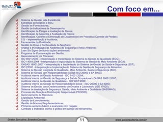 Sistema de Gestão pela Excelência; Estratégia do Negócio e BSC; Gestão de Fornecedores; Gestão de Indicadores de Desempenho; Identificação de Perigos e Avaliação de Riscos; Identificação de Aspectos e Avaliação de Riscos; Identificação, Controle e Eliminação de Desperdícios em Processo (Controle de Perdas); 5 S – Implementação e Auditoria; Ferramentas da Qualidade; Gestão de Crise e Continuidade de Negócios; Análise e Investigação de Acidentes de Segurança e Meio Ambiente; Lean Six Sigma (incluindo ações ambientais) Programa de Comunicação em Gestão; Gerenciamento por Processo; ISO 9001:2008 – Interpretação e Implantação do Sistema de Gestão da Qualidade (SGQ); ISO 14001:2004 - Interpretação e Implantação do Sistema de Gestão do Meio Ambiente (SGA); OHSAS 18001:2007 - Interpretação e Implantação do Sistema de Gestão de Saúde e Segurança (SST); ISO 22000 - Interpretação e Implantação do Sistema de Gestão de Segurança de Alimentos; Sistema de Gestão Integrada de Qualidade, Meio Ambiente, Saúde e Segurança (SGI); Sistema de Gestão com Responsabilidade Social (ISO 26000 e SA 8000); Auditoria Interna de Gestão Ambiental - ISO 14001:2004; Auditoria Interna de Gestão de Segurança e Saúde Ocupacional - OHSAS 18001:2007; Auditoria Interna de Gestão de Qualidade - ISO 9001:2008; Auditoria Interna de Gestão de Responsabilidade Social - (ISO 26000 e SA 8000); Sistema de Gestão para Credenciamento de Ensaios e Laboratório (ISO 17025); Sistema de Avaliação de Segurança, Saúde, Meio Ambiente e Qualidade (SASSMAQ); Processo de Atuação e Distribuição Responsável (PRODIR); Gerenciamento de Resíduos; Legislação Ambiental; Gestão de Licenciamento; Gestão de Normas Regulamentadoras; Primeiros socorros básico e avançado com resgate; Combate a incêndios teórico e prático em campo de treinamento. 11 Com foco em... 