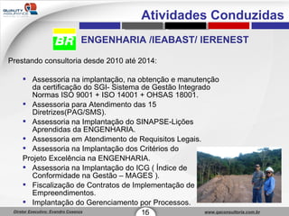 ENGENHARIA /IEABAST/ IERENEST Prestando consultoria desde 2010 até 2014: Assessoria na implantação, na obtenção e manutenção da certificação do SGI- Sistema de Gestão Integrado Normas ISO 9001 + ISO 14001 + OHSAS 18001. Assessoria para Atendimento das 15 Diretrizes(PAG/SMS). Assessoria na Implantação do SINAPSE-Lições Aprendidas da ENGENHARIA. Assessoria em Atendimento de Requisitos Legais. Assessoria na Implantação dos Critérios do Projeto Excelência na ENGENHARIA. Assessoria na Implantação do ICG ( Índice de Conformidade na Gestão – MAGES ). Fiscalização de Contratos de Implementação de Empreendimentos. Implantação do Gerenciamento por Processos. 15 1 Atividades Conduzidas 
