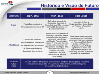 4 Histórico e Visão de Futuro MARCOS 1987 - 1996 1997 - 2006 2007 - 2010 Fase Fundação e Assessoria a Fornecedores Exclusivos da BR. Definição e Aplicação de Metodologia Específica de Consultoria para BR e empresas de O&G&E. Consultoria em Excelência na Gestão.   Integração da Área de Responsabilidade Social, Gestão por Processo e Requisitos Legais. Atividades Consultoria e assessoria  para 30 empresas fornecedoras na área petrolífera. Implantação de Sistema de Gestão de Qualidade e Meio Ambiente. Atuação em outros segmentos industriais e comercias, fora da área de Petróleo. significativo aumento da experiência e qualificação. Assessoria para mais de 70 empresas. Expertise em assessorar empresas em: Planejamento Estratégico, BSC, Plano de Governança e Excelência na Gestão.  Assessoria à BR para classificação de Risco de Fornecedores. Continuação no atendimento a outros segmentos industriais e comercias. Integrando assessoria em: Responsabilidade Social, Gestão por Processo e Requisitos Legais. Reforço significativo da marca com assessoria em áreas da BR, como: Eng. de Dutos e Terminais e Construção de Refinarias.   Visão de Futuro 2015 Ser uma empresa diferenciada e inovadora na prestação de serviços de consultoria  em excelência da gestão, em engenharia e treinamento, contribuindo para o  Desenvolvimento Sustentável. 