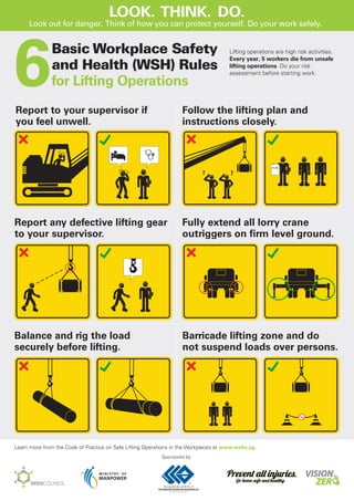 Basic Workplace Safety
and Health (WSH) Rules
for Lifting Operations6
Learn more from the Code of Practice on Safe Lifting Operations in the Workplaces at www.wshc.sg.
Look out for danger. Think of how you can protect yourself. Do your work safely.
Lifting operations are high risk activities.
Every year, 5 workers die from unsafe
lifting operations. Do your risk
assessment before starting work.
LOOK. THINK. DO.
Balance and rig the load
securely before lifting.
Fully extend all lorry crane
outriggers on firm level ground.
Follow the lifting plan and
instructions closely.
Report to your supervisor if
you feel unwell.
Report any defective lifting gear
to your supervisor.
Barricade lifting zone and do
not suspend loads over persons.
? ?
PLAN
Sponsored by
 