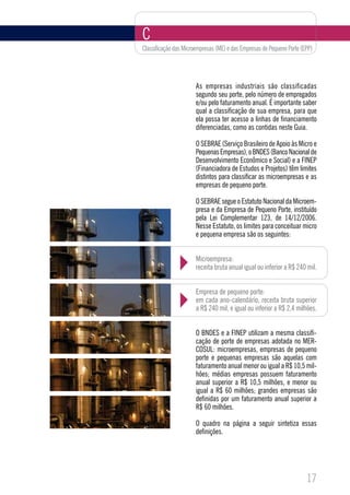 C
Classificação das Microempresas (ME) e das Empresas de Pequeno Porte (EPP)




                       As empresas industriais são classificadas
                       segundo seu porte, pelo número de empregados
                       e/ou pelo faturamento anual. É importante saber
                       qual a classificação de sua empresa, para que
                       ela possa ter acesso a linhas de financiamento
                       diferenciadas, como as contidas neste Guia.

                       O SEBRAE (Serviço Brasileiro de Apoio às Micro e
                       Pequenas Empresas), o BNDES (Banco Nacional de
                       Desenvolvimento Econômico e Social) e a FINEP
                       (Financiadora de Estudos e Projetos) têm limites
                       distintos para classificar as microempresas e as
                       empresas de pequeno porte.

                       O SEBRAE segue o Estatuto Nacional da Microem-
                       presa e da Empresa de Pequeno Porte, instituído
                       pela Lei Complementar 123, de 14/12/2006.
                       Nesse Estatuto, os limites para conceituar micro
                       e pequena empresa são os seguintes:


                       Microempresa:
                       receita bruta anual igual ou inferior a R$ 240 mil.


                       Empresa de pequeno porte:
                       em cada ano-calendário, receita bruta superior
                       a R$ 240 mil, e igual ou inferior a R$ 2,4 milhões.


                       O BNDES e a FINEP utilizam a mesma classifi-
                       cação de porte de empresas adotada no MER-
                       COSUL: microempresas, empresas de pequeno
                       porte e pequenas empresas são aquelas com
                       faturamento anual menor ou igual a R$ 10,5 mil-
                       hões; médias empresas possuem faturamento
                       anual superior a R$ 10,5 milhões, e menor ou
                       igual a R$ 60 milhões; grandes empresas são
                       definidas por um faturamento anual superior a
                       R$ 60 milhões.

                       O quadro na página a seguir sintetiza essas
                       definições.




                                                                       17
 
