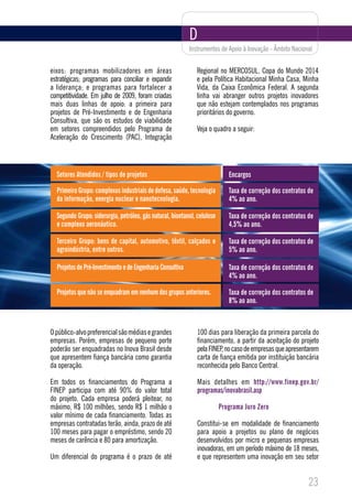 D
                                                            Instrumentos de Apoio à Inovação - Âmbito Nacional


eixos: programas mobilizadores em áreas                        Regional no MERCOSUL, Copa do Mundo 2014
estratégicas; programas para conciliar e expandir              e pela Política Habitacional Minha Casa, Minha
a liderança; e programas para fortalecer a                     Vida, da Caixa Econômica Federal. A segunda
competitividade. Em julho de 2009, foram criadas               linha vai abranger outros projetos inovadores
mais duas linhas de apoio: a primeira para                     que não estejam contemplados nos programas
projetos de Pré-Investimento e de Engenharia                   prioritários do governo.
Consultiva, que são os estudos de viabilidade
em setores compreendidos pelo Programa de                      Veja o quadro a seguir:
Aceleração do Crescimento (PAC), Integração



  Setores Atendidos / tipos de projetos                                      Encargos

  Primeiro Grupo: complexos industriais de defesa, saúde, tecnologia         Taxa de correção dos contratos de
  da informação, energia nuclear e nanotecnologia.                           4% ao ano.

  Segundo Grupo: siderurgia, petróleo, gás natural, bioetanol, celulose      Taxa de correção dos contratos de
  e complexo aeronáutico.                                                    4,5% ao ano.

  Terceiro Grupo: bens de capital, automotivo, têxtil, calçados e            Taxa de correção dos contratos de
  agroindústria, entre outros.                                               5% ao ano.

  Projetos de Pré-Investimento e de Engenharia Consultiva                    Taxa de correção dos contratos de
                                                                             4% ao ano.

  Projetos que não se enquadram em nenhum dos grupos anteriores.             Taxa de correção dos contratos de
                                                                             8% ao ano.



O público-alvo preferencial são médias e grandes               100 dias para liberação da primeira parcela do
empresas. Porém, empresas de pequeno porte                     financiamento, a partir da aceitação do projeto
poderão ser enquadradas no Inova Brasil desde                  pela FINEP no caso de empresas que apresentarem
                                                                         ,
que apresentem fiança bancária como garantia                   carta de fiança emitida por instituição bancária
da operação.                                                   reconhecida pelo Banco Central.

Em todos os financiamentos do Programa a                       Mais detalhes em http://www.finep.gov.br/
FINEP participa com até 90% do valor total                     programas/inovabrasil.asp
do projeto. Cada empresa poderá pleitear, no
máximo, R$ 100 milhões, sendo R$ 1 milhão o                               Programa Juro Zero
valor mínimo de cada financiamento. Todas as
empresas contratadas terão, ainda, prazo de até                Constitui-se em modalidade de financiamento
100 meses para pagar o empréstimo, sendo 20                    para apoio a projetos ou plano de negócios
meses de carência e 80 para amortização.                       desenvolvidos por micro e pequenas empresas
                                                               inovadoras, em um período máximo de 18 meses,
Um diferencial do programa é o prazo de até                    e que representem uma inovação em seu setor


                                                                                                            23
 