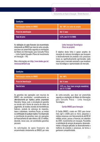 D
                                                        Instrumentos de Apoio à Inovação - Âmbito Nacional


  Condições

  Participação máxima do BNDES                                  Até 100% do custo do projeto

  Prazo de amortização                                          Até 12 anos

  Taxas de juros                                                4,5% (até 31/12/2009)


As solicitações de apoio financeiro são encaminhadas               Linha Inovação Tecnológica
diretamente ao BNDES por meio de carta-consulta,                   (Foco no projeto)
que deve ser preenchida segundo as orientações
do Roteiro de Informações para Consulta Prévia             O objetivo desta linha é apoiar projetos de
– Linha Capital Inovador (Plano de Investimento            inovação de natureza tecnológica que busquem
em Inovação – PII).                                        o desenvolvimento de produtos e/ou processos
                                                           novos ou significativamente aprimorados (pelo
Mais informações em http://www.bndes.gov.br/               menos para o mercado nacional) e que envolvam
inovacao/default.asp                                       risco tecnológico e oportunidades de mercado.


  Condições

  Participação máxima do BNDES                                  Até 100%

  Prazo de Amortização                                          Até 14 anos

  Taxa de Juros                                                 3,5% a.a. fixos (sem correção monetária),
                                                                até 31/12/2009

As garantias das operações com recursos do                 de carta-consulta, que deve ser preenchida
BNDES são constituídas, cumulativamente ou                 segundo as orientações do Roteiro de Informações
alternativamente por: hipoteca; penhor; propriedade        para Consulta Prévia – Linha Inovação
fiduciária; fiança; aval; e vinculação em garantia         Tecnológica.
ou cessão sob a forma de reserva de meios de
pagamento, de receitas oriundas de transferências                  Cartão BNDES para Inovação
federais, produto de cobrança de impostos,
taxas e sobretaxas, incentivos fiscais, ou rendas          O Cartão BNDES, criado em 2003 para tornar
ou contribuições de qualquer espécie. Fica dispensada      mais ágil o crédito para as micro, pequenas e
a constituição de garantias reais em operações             médias empresas com faturamento de até R$ 60
de financiamento de valor inferior a R$ 10 milhões,        milhões anuais, passou a financiar, em setembro
devendo, nesse caso, ser constituídas garantias            de 2009, investimentos em inovação. Possibilita
pessoais.                                                  a contratação de serviços de pesquisa, desenvolvi-
                                                           mento e inovação aplicados ao desenvolvimento e
As solicitações de apoio financeiro são                    melhoria de produtos e processos, de forma a
encaminhadas diretamente ao BNDES por meio                 ganharem competitividade.


                                                                                                        29
 