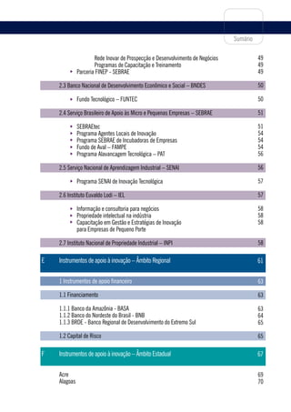Sumário

                      Rede Inovar de Prospecção e Desenvolvimento de Negócios             49
                      Programas de Capacitação e Treinamento                              49
              Parceria FINEP - SEBRAE                                                     49

    2.3 Banco Nacional de Desenvolvimento Econômico e Social – BNDES                      50

              Fundo Tecnológico – FUNTEC                                                  50

    2.4 Serviço Brasileiro de Apoio às Micro e Pequenas Empresas – SEBRAE                 51

              SEBRAEtec                                                                   51
              Programa Agentes Locais de Inovação                                         54
              Programa SEBRAE de Incubadoras de Empresas                                  54
              Fundo de Aval – FAMPE                                                       54
              Programa Alavancagem Tecnológica – PAT                                      56

    2.5 Serviço Nacional de Aprendizagem Industrial – SENAI                               56

              Programa SENAI de Inovação Tecnológica                                      57

    2.6 Instituto Euvaldo Lodi – IEL                                                      57

              Informação e consultoria para negócios                                      58
              Propriedade intelectual na indústria                                        58
              Capacitação em Gestão e Estratégias de Inovação                             58
              para Empresas de Pequeno Porte

    2.7 Instituto Nacional de Propriedade Industrial – INPI                               58

E   Instrumentos de apoio à inovação – Âmbito Regional                                    61

    1 Instrumentos de apoio financeiro                                                    63

    1.1 Financiamento                                                                     63

    1.1.1 Banco da Amazônia - BASA                                                        63
    1.1.2 Banco do Nordeste do Brasil - BNB                                               64
    1.1.3 BRDE - Banco Regional de Desenvolvimento do Extremo Sul                         65

    1.2 Capital de Risco                                                                  65

F   Instrumentos de apoio à inovação – Âmbito Estadual                                    67

    Acre                                                                                  69
    Alagoas                                                                               70

                                                                                          5
 