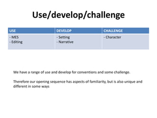 Use/develop/challenge
USE DEVELOP CHALLENGE
- MES
- Editing
- Setting
- Narrative
- Character
We have a range of use and develop for conventions and some challenge.
Therefore our opening sequence has aspects of familiarity, but is also unique and
different in some ways
 