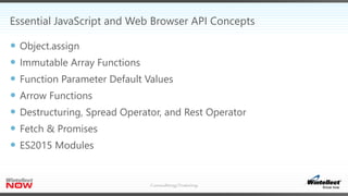 Essential JavaScript and Web Browser API Concepts
 Object.assign
 Immutable Array Functions
 Function Parameter Default Values
 Arrow Functions
 Destructuring, Spread Operator, and Rest Operator
 Fetch & Promises
 ES2015 Modules
 