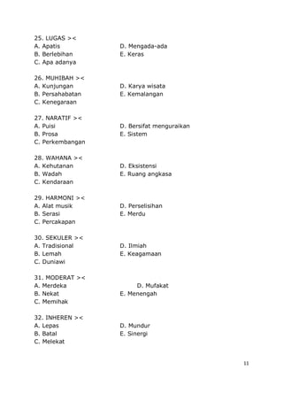 11
25. LUGAS ><
A. Apatis D. Mengada-ada
B. Berlebihan E. Keras
C. Apa adanya
26. MUHIBAH ><
A. Kunjungan D. Karya wisata
B. Persahabatan E. Kemalangan
C. Kenegaraan
27. NARATIF ><
A. Puisi D. Bersifat menguraikan
B. Prosa E. Sistem
C. Perkembangan
28. WAHANA ><
A. Kehutanan D. Eksistensi
B. Wadah E. Ruang angkasa
C. Kendaraan
29. HARMONI ><
A. Alat musik D. Perselisihan
B. Serasi E. Merdu
C. Percakapan
30. SEKULER ><
A. Tradisional D. Ilmiah
B. Lemah E. Keagamaan
C. Duniawi
31. MODERAT ><
A. Merdeka D. Mufakat
B. Nekat E. Menengah
C. Memihak
32. INHEREN ><
A. Lepas D. Mundur
B. Batal E. Sinergi
C. Melekat
 