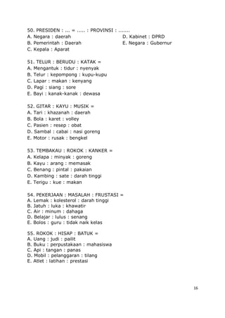 16
50. PRESIDEN : ... = ..... : PROVINSI : .......
A. Negara : daerah D. Kabinet : DPRD
B. Pemerintah : Daerah E. Negara : Gubernur
C. Kepala : Aparat
51. TELUR : BERUDU : KATAK =
A. Mengantuk : tidur : nyenyak
B. Telur : kepompong : kupu-kupu
C. Lapar : makan : kenyang
D. Pagi : siang : sore
E. Bayi : kanak-kanak : dewasa
52. GITAR : KAYU : MUSIK =
A. Tari : khazanah : daerah
B. Bola : karet : volley
C. Pasien : resep : obat
D. Sambal : cabai : nasi goreng
E. Motor : rusak : bengkel
53. TEMBAKAU : ROKOK : KANKER =
A. Kelapa : minyak : goreng
B. Kayu : arang : memasak
C. Benang : pintal : pakaian
D. Kambing : sate : darah tinggi
E. Terigu : kue : makan
54. PEKERJAAN : MASALAH : FRUSTASI =
A. Lemak : kolesterol : darah tinggi
B. Jatuh : luka : khawatir
C. Air : minum : dahaga
D. Belajar : lulus : senang
E. Bolos : guru : tidak naik kelas
55. ROKOK : HISAP : BATUK =
A. Uang : judi : pailit
B. Buku : perpustakaan : mahasiswa
C. Api : tangan : panas
D. Mobil : pelanggaran : tilang
E. Atlet : latihan : prestasi
 