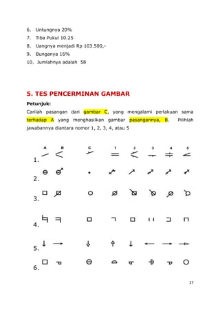 27
6. Untungnya 20%
7. Tiba Pukul 10.25
8. Uangnya menjadi Rp 103.500,-
9. Bunganya 16%
10. Jumlahnya adalah 58
5. TES PENCERMINAN GAMBAR
Petunjuk:
Carilah pasangan dari gambar C, yang mengalami perlakuan sama
terhadap A yang menghasilkan gambar pasangannya, B. Pilihlah
jawabannya diantara nomor 1, 2, 3, 4, atau 5
1.
2.
3.
4.
5.
6.
 